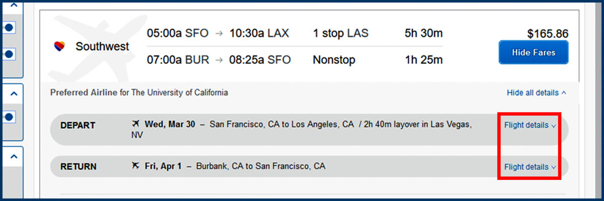 Screenshot of the Concur Travel page and Flight Details button