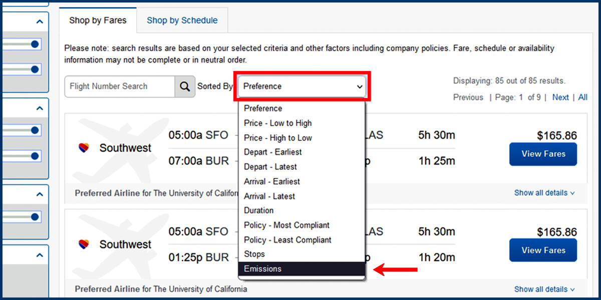 Screenshot of the Concur Travel page and Sorted By menu with Emissions selected