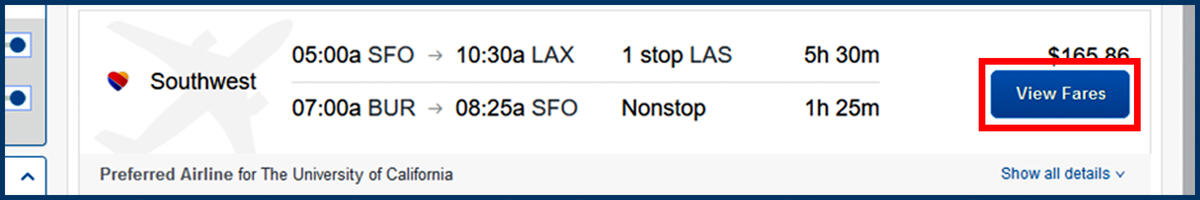 Screenshot of the Concur Travel page and View Fares button