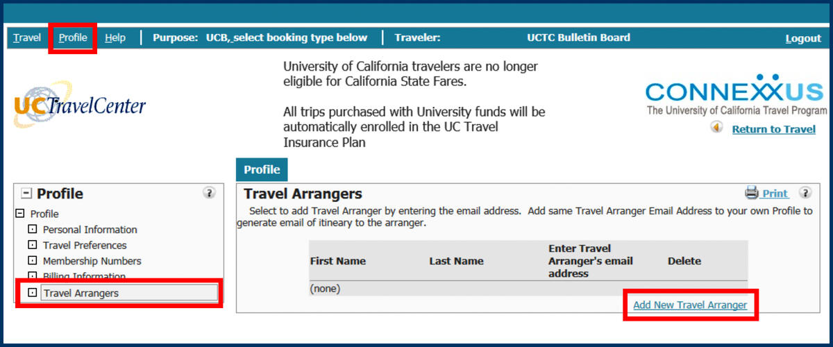 Screenshot of the ConnexUC UCTC Profile page Travel Arranger section